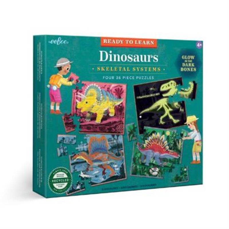 Colorful dinosaur puzzles with large pieces that glow in the dark, designed for kids aged 4 and up to inspire curiosity.