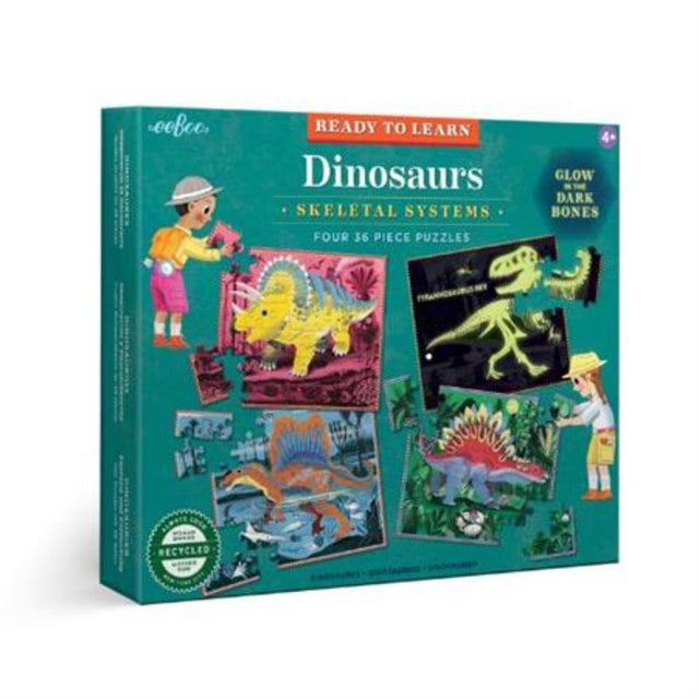 Colorful dinosaur puzzles with large pieces that glow in the dark, designed for kids aged 4 and up to inspire curiosity.