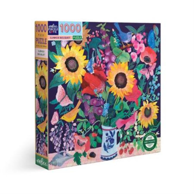 Colorful 1000-piece eeBoo puzzle featuring a vibrant summer bouquet of flowers, perfect for indoor fun and relaxation.