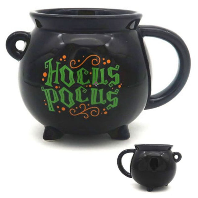 Black cauldron-shaped ceramic mug with intricate detailing, perfect for witches and Halloween enthusiasts.