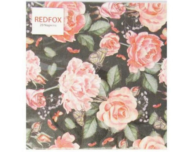 Elegant 3-ply napkins featuring vibrant roses and butterflies, perfect for enhancing any dining occasion.
