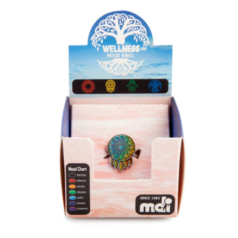 Set of 24 wellness mood rings featuring dreamcatcher, hamsa, mandala, and pentacle designs that change color with mood.