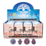 Color-changing wellness mood ring set featuring dreamcatcher, hamsa, mandala, and pentacle designs for emotional expression.