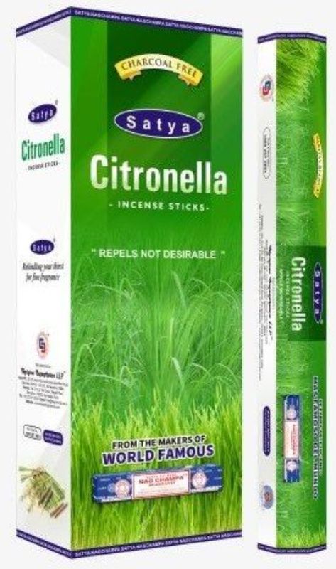 Aromatic Satya Hexa Citronella incense sticks for relaxation and bug-repelling, featuring 6 rolls with 20 sticks each.