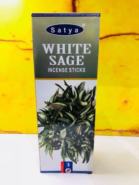 Premium Satya Hexa White Sage incense, 6 rolls with 20 sticks each, ideal for cleansing and enhancing relaxation rituals.