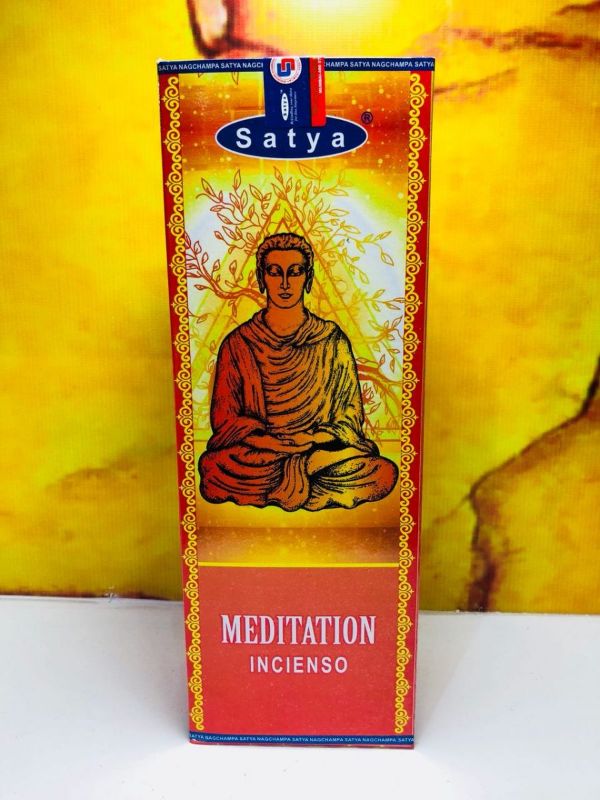 Box of 6 Satya Hexa Meditation Incense rolls, featuring 20 soothing sticks each, perfect for enhancing mindfulness and relaxation.