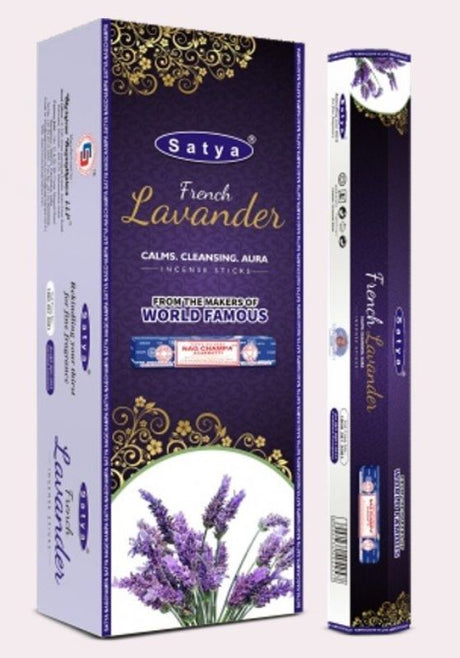 Box of 6 Satya Hexa Lavender incense rolls, each with 20 sticks, promoting relaxation and a soothing atmosphere.