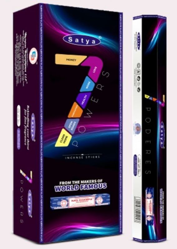 "Box of 6 Satya Hexa 7 Powers Incense rolls, each with 20 sticks, promoting relaxation and enhancing meditation with soothing scents."