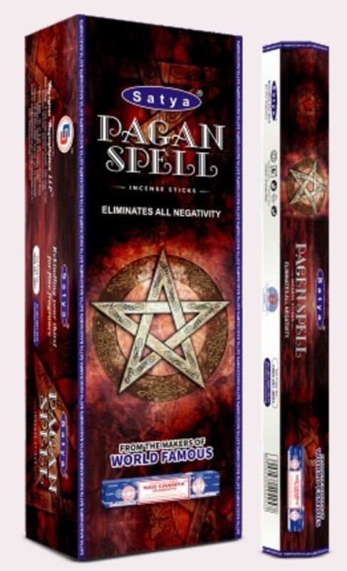 Box of 6 rolls of Satya Hexa Pagan Spell Incense, featuring earthy scents for meditation and spiritual rituals.