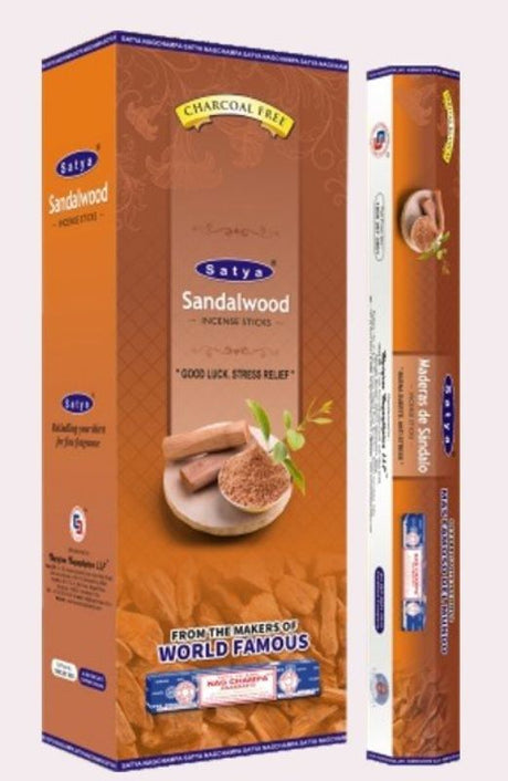 Box of 6 Satya Hexa Sandalwood incense sticks perfect for relaxation and meditation, offering a rich, calming fragrance.