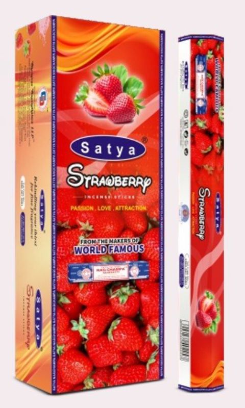 A serene pack of 6 Satya Hexa Strawberry Incense rolls, each with 20 sticks, releasing a sweet strawberry aroma for relaxation.