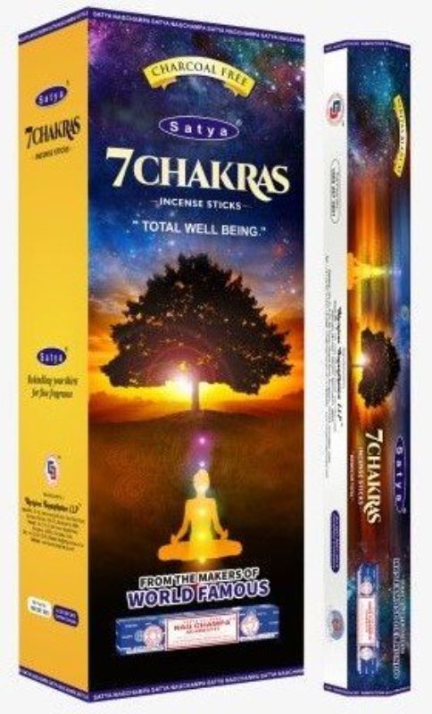 Box of 6 Satya Hexa 7 Chakra incense sticks, designed to promote balance and enhance meditation with soothing aromas.