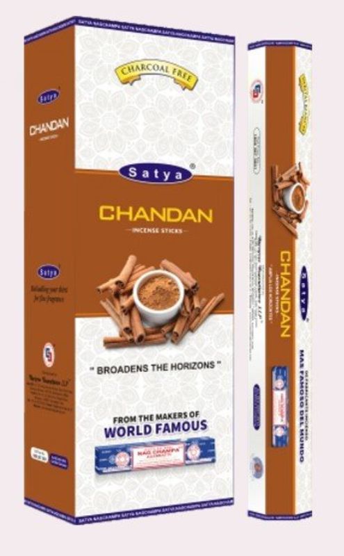 Box of 6 Satya Hexa Chandan incense rolls, featuring soothing sandalwood aroma for meditation and relaxation.