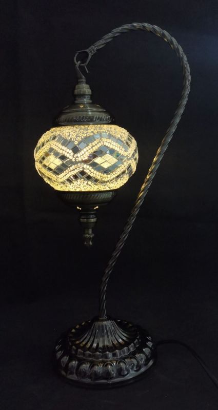 Large Turkish Mosaic Lamp with swan neck design, 44cm tall, featuring vibrant glass and LED bulb for enchanting illumination.