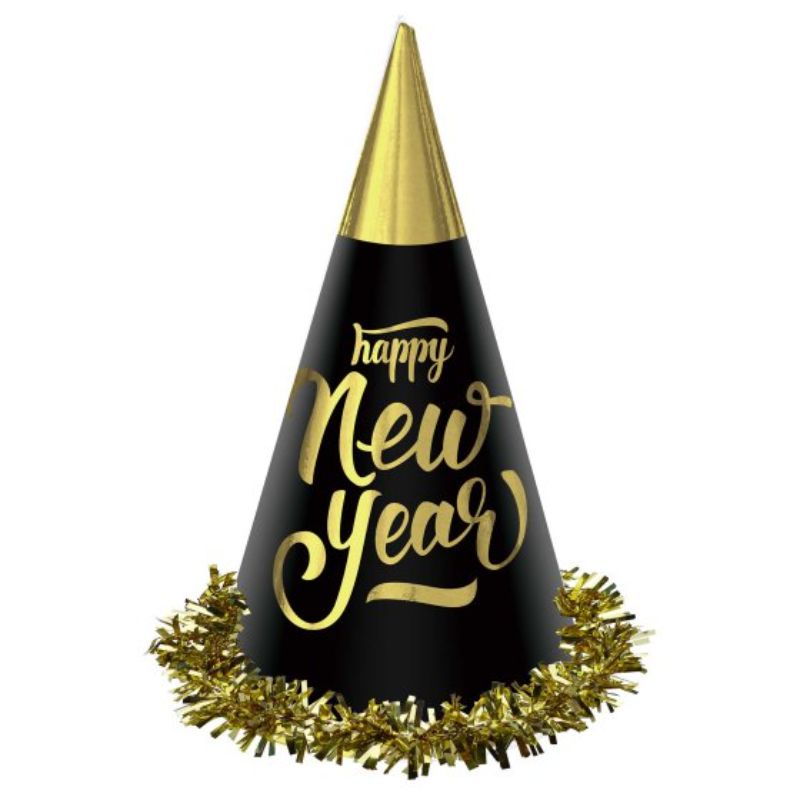 Black and gold foil cone hats, 23cm, pack of 24, perfect for stylish New Year celebrations and festive gatherings.