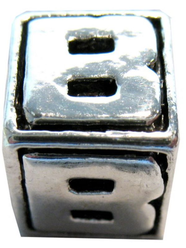 Four square metal letter beads for personalized crafts, ideal for jewelry, scrapbooking, and creative DIY projects.