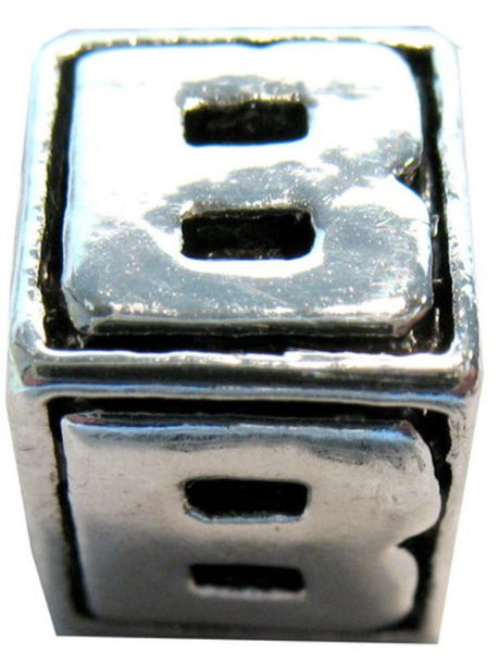 Four square metal letter beads for personalized crafts, ideal for jewelry, scrapbooking, and creative DIY projects.