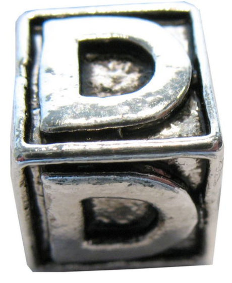 Square metal letter beads "D" in pack of 4 for personalized crafts, jewelry, and scrapbooking projects.