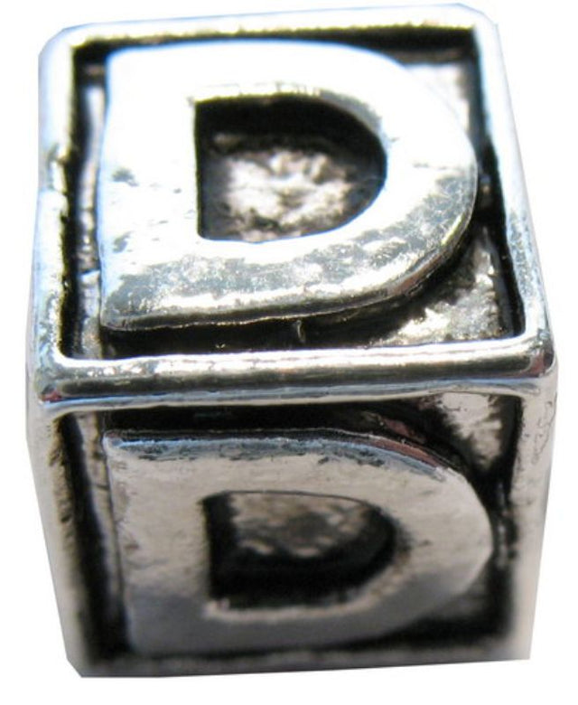 Square metal letter beads "D" in pack of 4 for personalized crafts, jewelry, and scrapbooking projects.