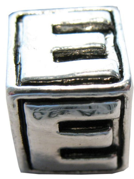 Four square metal letter 'E' beads for personalized jewelry and crafting, ideal for adding character to projects.