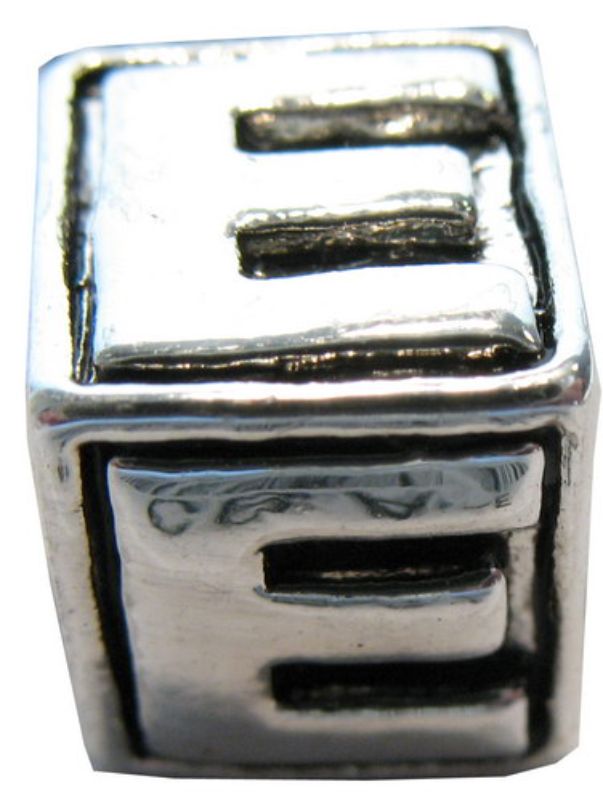 Four square metal letter 'E' beads for personalized jewelry and crafting, ideal for adding character to projects.