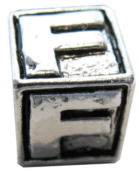 Square metal letter beads 'F' in a pack of 4, perfect for personalized jewelry and DIY craft projects.