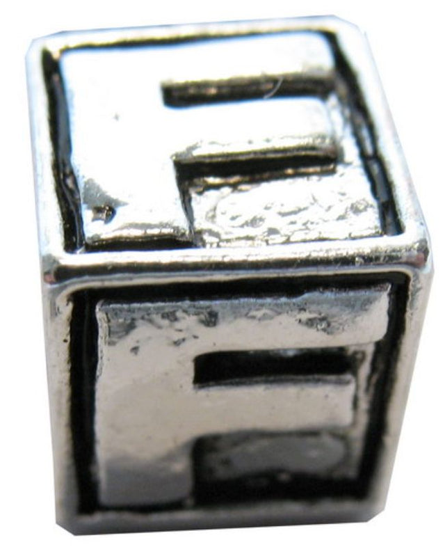 Square metal letter beads 'F' in a pack of 4, perfect for personalized jewelry and DIY craft projects.
