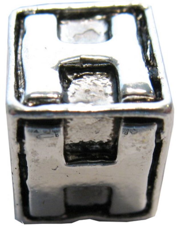 Four square metal letter 'H' beads for personalized jewelry making and crafts. Durable and tarnish-resistant.