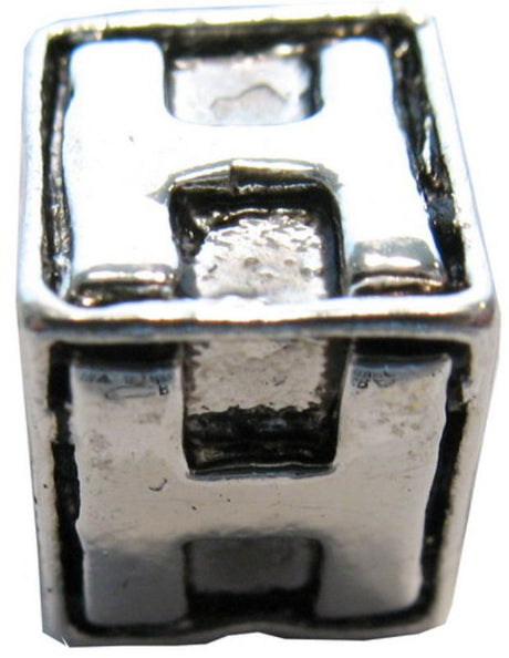 Four square metal letter 'H' beads for personalized jewelry making and crafts. Durable and tarnish-resistant.