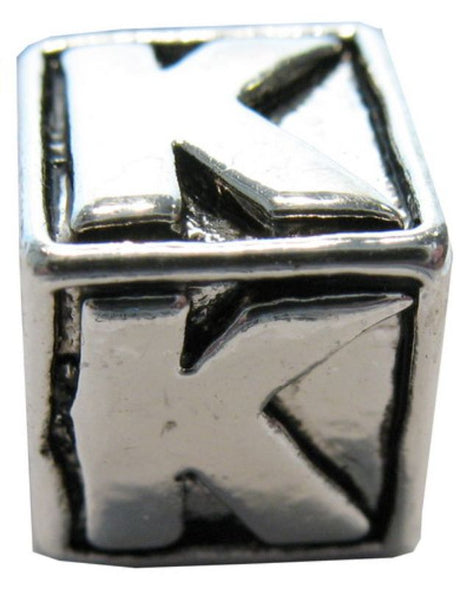 Square metal letter beads featuring an engraved 'K', perfect for personalized jewelry and crafting unique accessories.