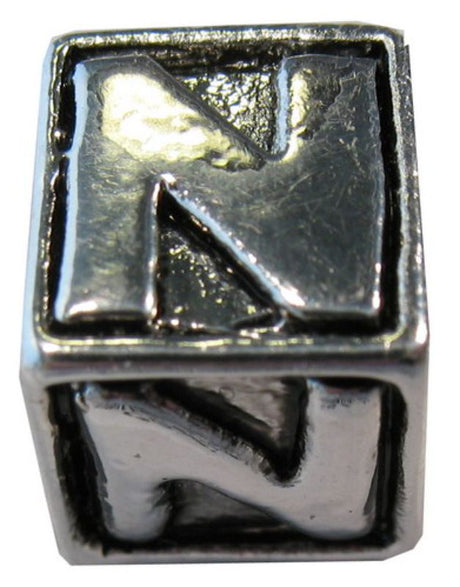 Set of 4 square metal beads featuring the letter 'N', perfect for personalized jewelry and DIY crafts.