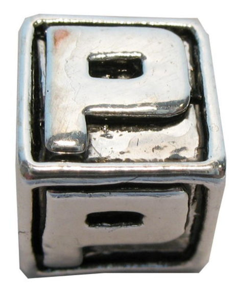 Four square metal letter beads 'P' for jewelry making and crafts, ideal for personalizing projects.