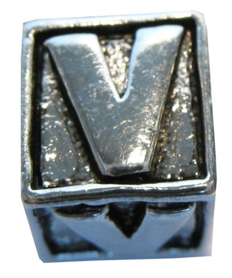 Four square metal 'V' letter beads for personalized jewelry making, shining and durable for unique crafts.