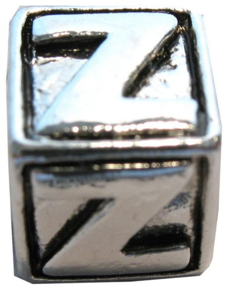 Four square metal letter 'Z' beads for jewelry making and personalized crafts, adding a unique touch to your designs.