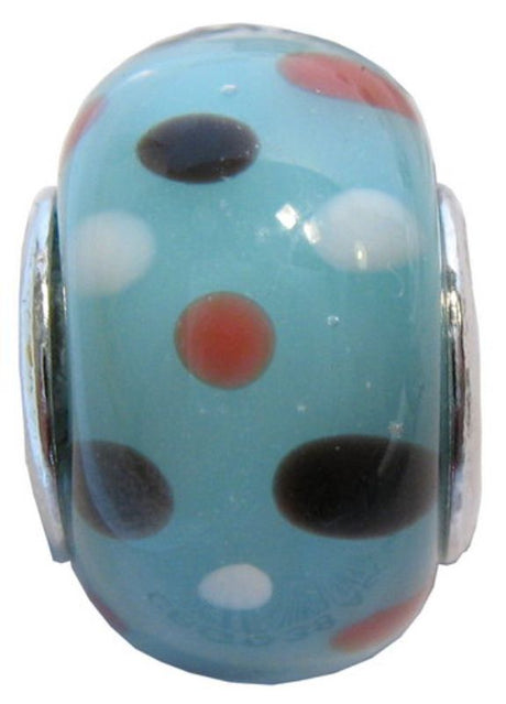 Four aqua glass beads with vibrant multi-dot patterns, perfect for jewelry-making and various crafts.