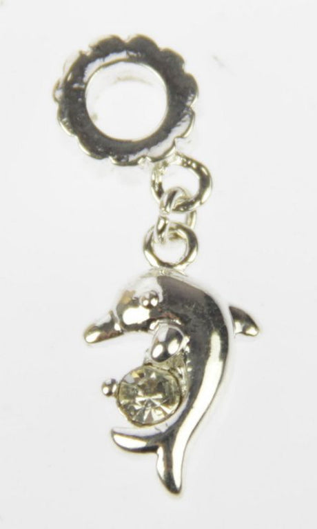 Set of four metal dolphin charms, perfect for jewelry making and crafting with intricate detailing and a lustrous finish.