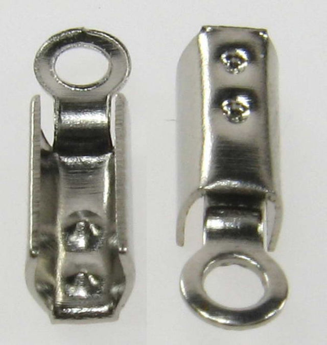 Set of 2 chrome leather crimps, 7x3mm, 120 pieces for securing beads and finishing leather cords in jewelry making.