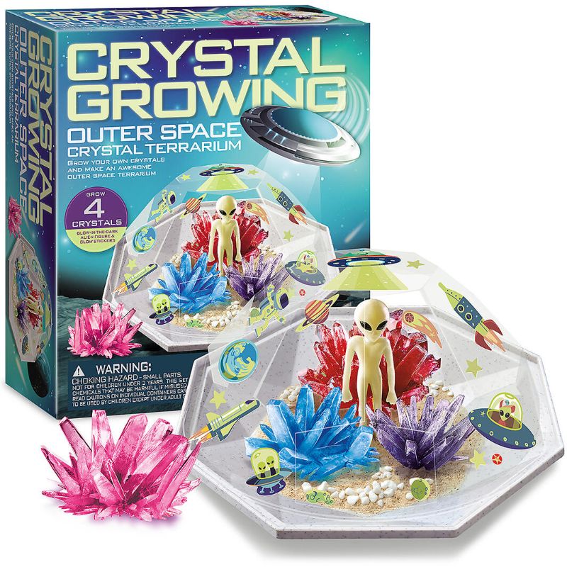 Outer Space Crystal Terrarium by 4M, a DIY kit for growing vibrant, glow-in-the-dark crystals resembling celestial bodies.