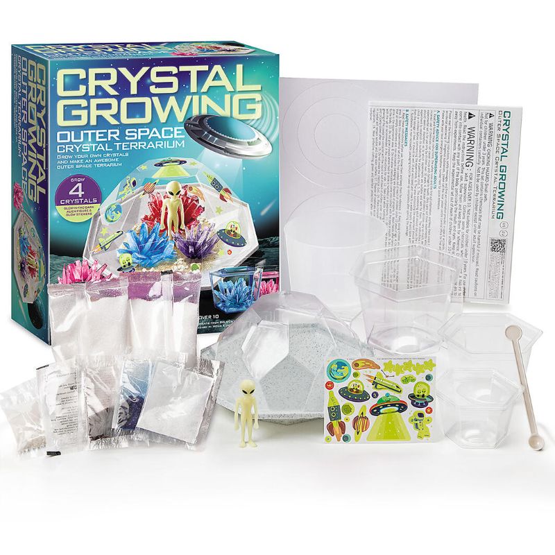 "DIY Outer Space Crystal Terrarium kit by 4M featuring glow-in-the-dark crystals for educational fun and home decor."