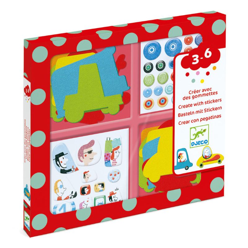Colorful Collage Activity kit featuring felt vehicles and puffy stickers, perfect for young car enthusiasts aged 3 and up.