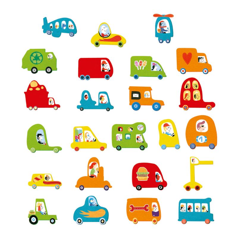 Colorful felt vehicles and puffy stickers for creative collage play, designed for kids aged 3 and up, by Djeco.