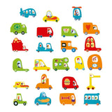 Colorful felt vehicles and puffy stickers for creative collage play, designed for kids aged 3 and up, by Djeco.