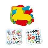 Colorful felt vehicle shapes and puffy stickers in Djeco's I Love Cars collage kit for creative kids aged 3 and up.