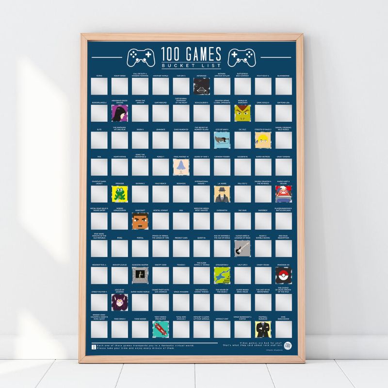 Interactive Bucket List Poster featuring 100 must-play video games, perfect for tracking achievements and enhancing decor.