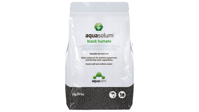 Lightweight black humate substrate for aquariums, enhances plant growth with essential minerals and 1.12% Humic Acid.