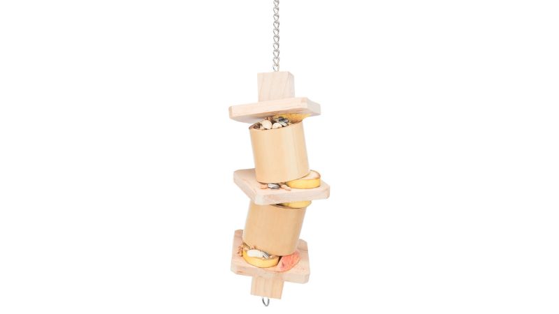 Wood and bamboo bird snack toy, 35cm long, designed for cockatiels, promotes mental stimulation and foraging fun.