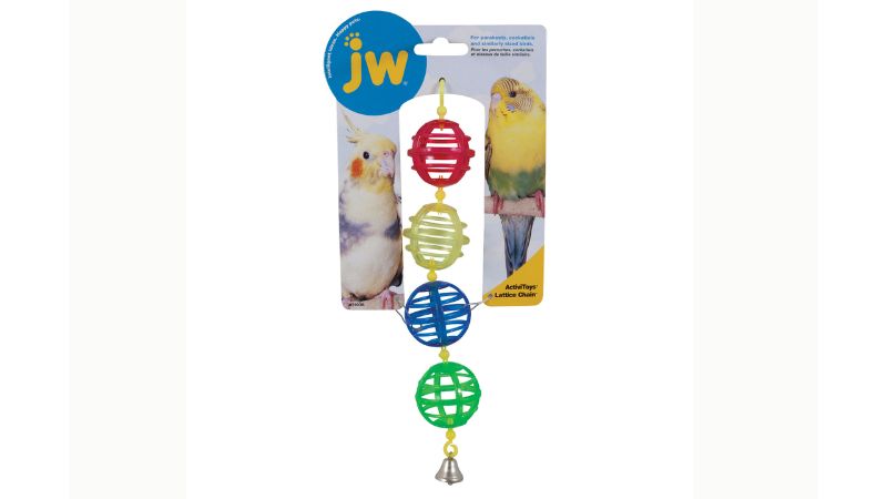 Colorful JW ActiviToy Lattice Chain features hanging balls for birds to explore, retrieve treats, and promote active play.