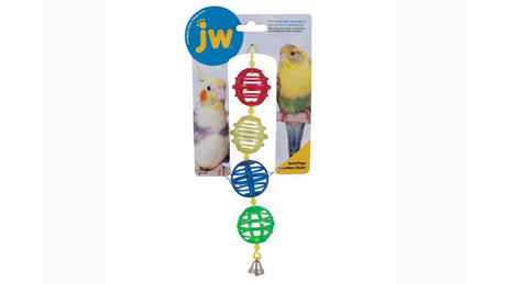 Colorful JW ActiviToy Lattice Chain features hanging balls for birds to explore, retrieve treats, and promote active play.