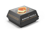 Colorful 160-piece jigsaw puzzle featuring a layered cheeseburger, packaged in a fun burger box by Pikkii.