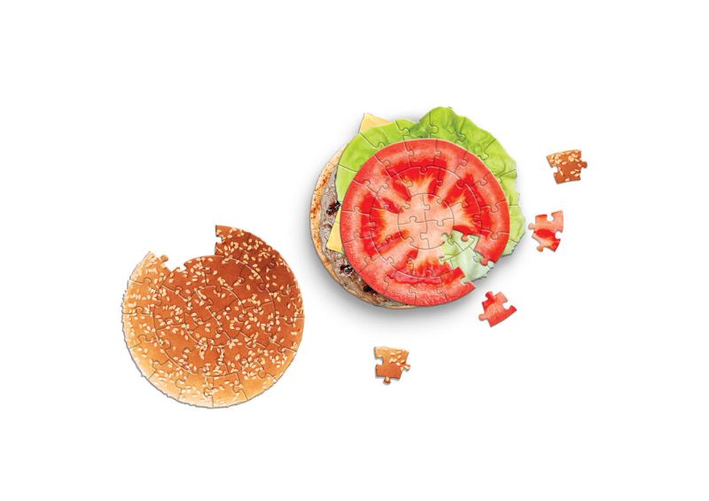 Jigsaw puzzle featuring a multi-layer cheeseburger design with 160 pieces, perfect for food lovers and puzzle enthusiasts.